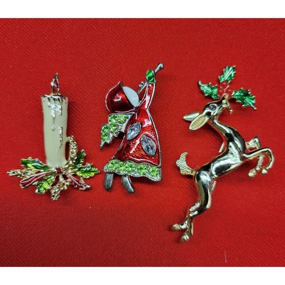 Christmas Pin Brooch Christmas Reindeer Holly Leaf Candle Angel Set of 3 - Picture 4 of 12